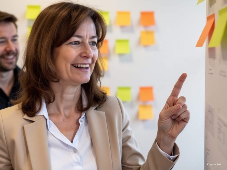 Marketingberaterin Marnie Röder leitet kreativen Workshop –mit Post-its an der Wand in motivierender Arbeitsatmosphäre Marketingberaterin Marnie Röder leitet kreativen Workshop –mit Post-its an der Wand in motivierender Arbeitsatmosphäre