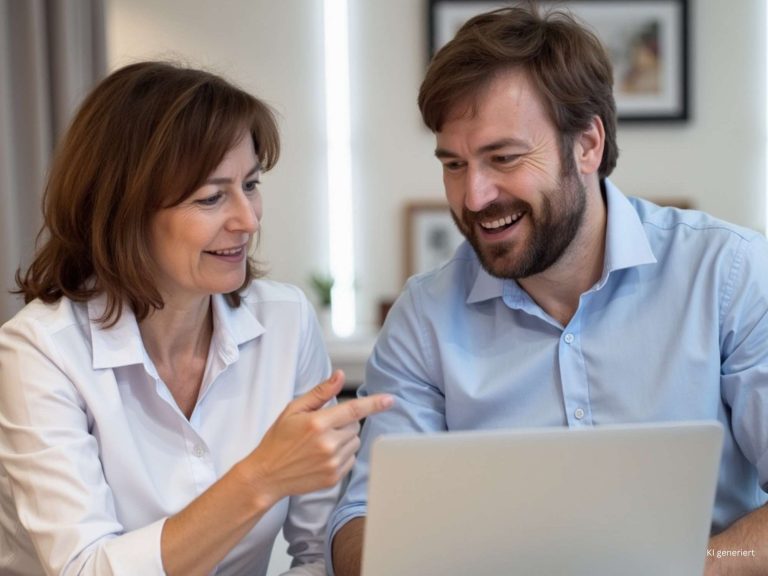 Beratungsgespräch mit Marketingexpertin und KI-Trainerin Marnie Röder Marnie Röder im Gespräch mit Kunden – gemeinsames Arbeiten am Laptop in entspannter Atmosphäre mit Fokus auf Beratung